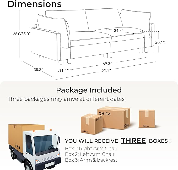CHITA 92" Super Large Sectional Couches for Living Room, Modular Cloud Couch Sectional Sofa, Premium Fabric Couches, Down Filled, High Density Foam, Chenille in Cream, 2 Seater Loveseat