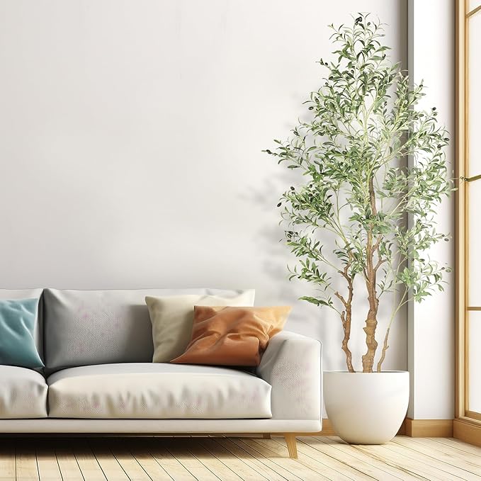 7.2ft Artificial Olive Tree (85in) with Plastic Nursery Pot Faux Olive Silk Tree, Fruits Fake Plant for Office House Farmhouse Living Room Home Decor (Indoor/Outdoor)
