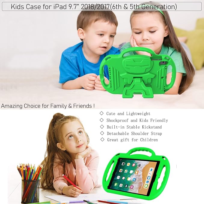 LTROP Kids Case for iPad 5th/6th Generation (2017/2018) &amp Air 2 Shoulder Strap Handle Stand Shockproof Bumper Cute Kid Case for iPad 9.7 Inch Black