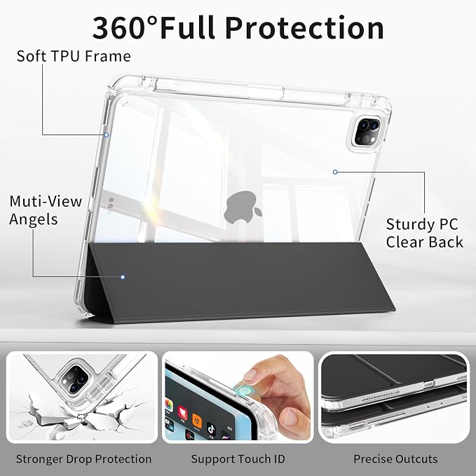Clear Case for New iPad Pro 11 Inch Case M5/M4 2025/2024 (6th/5th Generation) Slim Shockproof TPU Cover with Pencil Holder Multi-Angle Stand &amp Auto Wake/Sleep (Black)