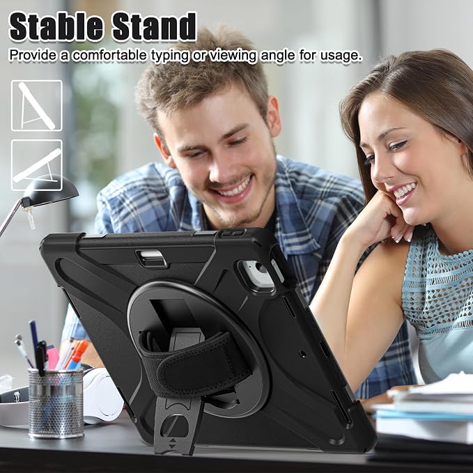 Batianda VortiGrip Case for iPad Air 11 M2/M3/M4 2024-2026 Colorful Blue | Heavy Duty Triple-Layer Rugged Case with 360° Rotating Hand Strap Foldable Hidden Stand Shoulder Strap and Pencil Holder