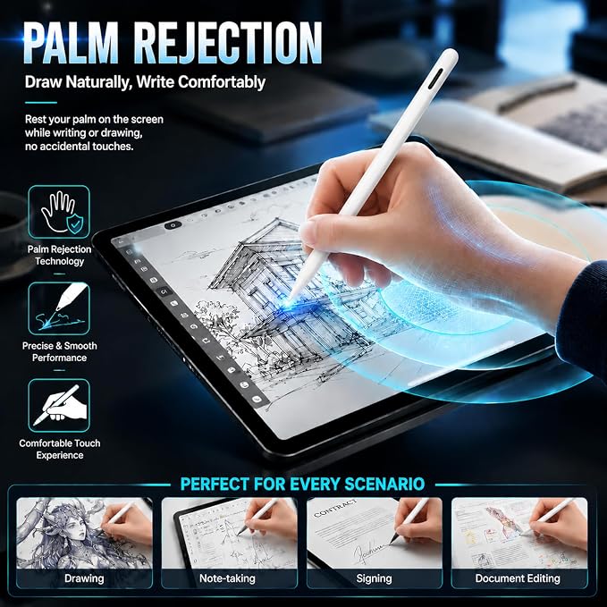 Stylus Pen for iPad Pro with Fast Charging Tilt Function Palm Rejection | Compatible with iPad 2018-2025: Works with iPad Pro Air Mini and iPad models for writing drawing and note-taking