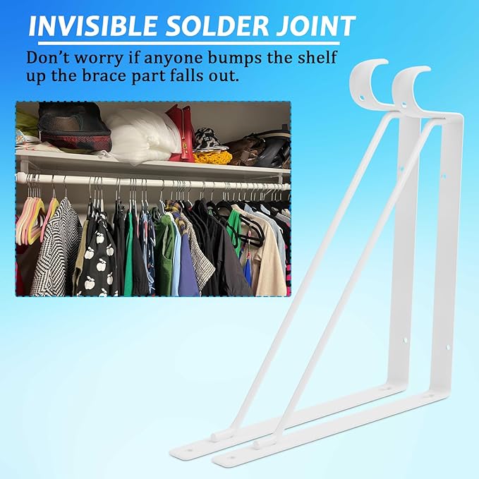 8 Pack Heavy Duty Closet Shelf & Rod Brackets 11 x 11 Inch, 300lbs Wall Mounted Closet Shelves Bracket with Rod Shelving Support, Closet Pole Supports Bracket Holder with Screws, White