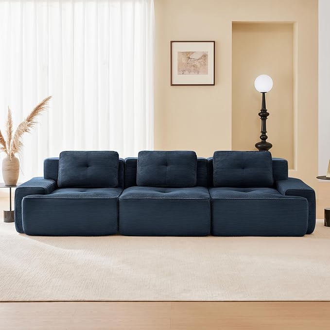 115" Modern Compressed Boneless Couch, 3 Seater Sectional Couches for Living Room, Blue Corduroy Cloud Modular Sectional Sofa, Comfy Memory Foam, Extra Deep, Sofas para Sala, No Assembly