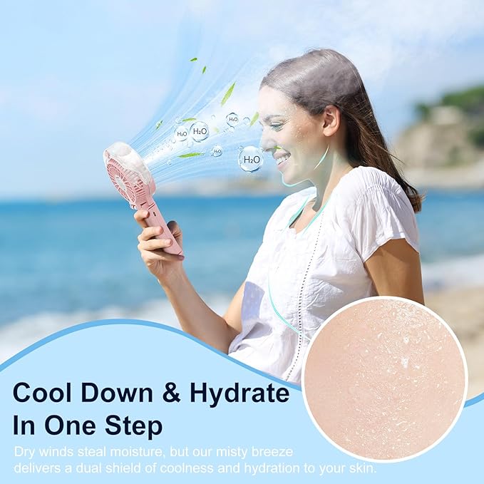 HandFan Upgraded Portable Handheld Misting Fan, Rechargeable Personal Mister Fan, Spray Water Mist Fans, Foldable Electric Mini Cooling Hand Fans for Summer Beach Travel Concerts Disney(Pink)