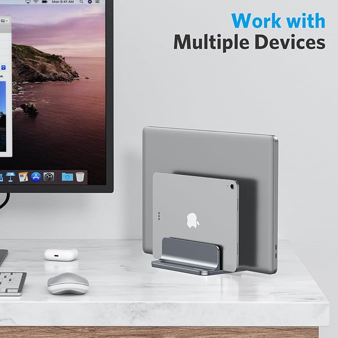 OMOTON Vertical Laptop Stand [Updated Double Version], Desktop Aluminum MacBook Stand with Adjustable Dock Size, Fits All MacBook, Surface, Chrome Book and Gaming Laptops (Up to 17.3 inch) (Grey)