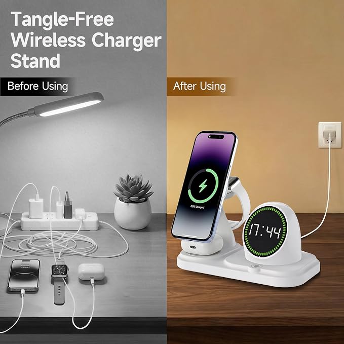 6-in-1 Wireless Charging Station with 30W Fast Adapter RGB Ambient Light Digital Clock &amp Bluetooth Speaker Multi-Function Desktop Charger for Wireless Charging Phones Earbuds &amp Watch