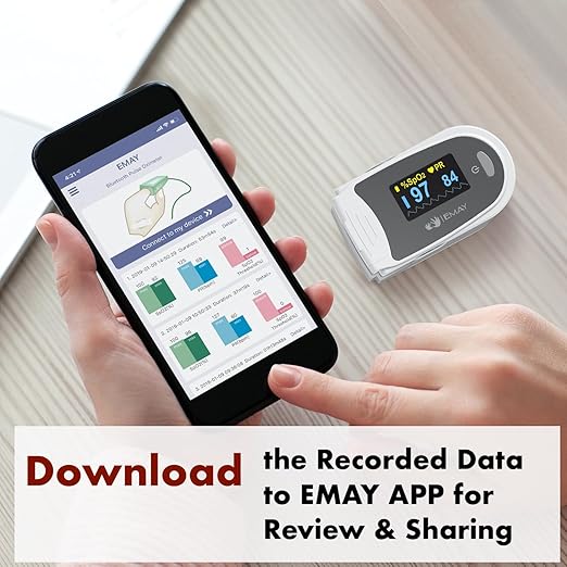 EMAY Sleep Oxygen Monitor with Built-in Recording Capability | Track Continuous Blood Oxygen Levels & Pulse Rate Overnight | Provides Sleep Report & Raw Data