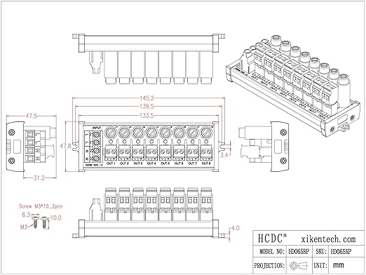 Screw Mount AC 24-250V 8 Channel Pluggable Side Wiring Terminal Block Power Distribution Fuse Module, HCDC HD065RP