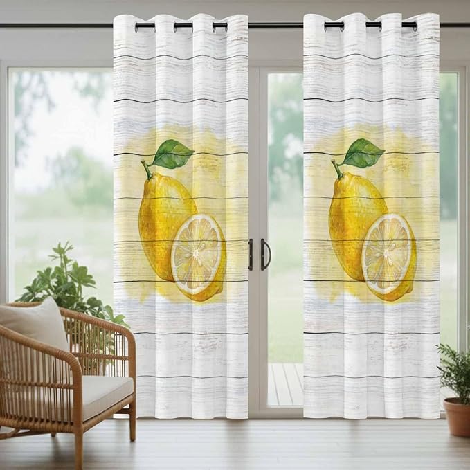 Lemons Yellow Summer Fruit Vintage Wood Outdoor Curtains