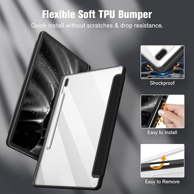 Fintie Clear Case for Samsung Galaxy Tab S8 Plus/ S7 FE/ S7 Plus 12.4 Inch | Transparent Back Shell Viewing &amp Typing Angles Shockproof S Pen Holder Auto Wake/Sleep Black