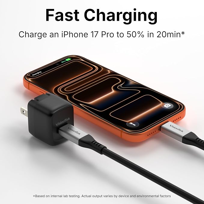 VisionTek Charge Go 30W USB-C Wall Charger GaN Fast Charge Foldable Plug | USB-C PD 3.1 GaN Safe Fast Charging Ultra-Compact &amp Foldable Travel Adapter Universal Power Tablets Phones MacBook
