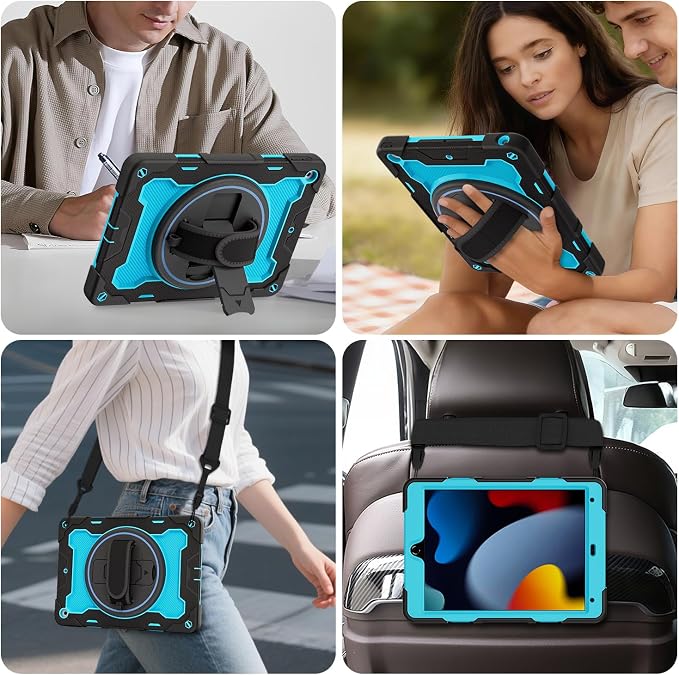 for iPad 9th 8th 7th Gen Case 10.2 inch with Screen Protector | 360° Rotating Kickstand Hand Strap Shoulder Strap Heavy Duty Military Grade - Kids Friendly