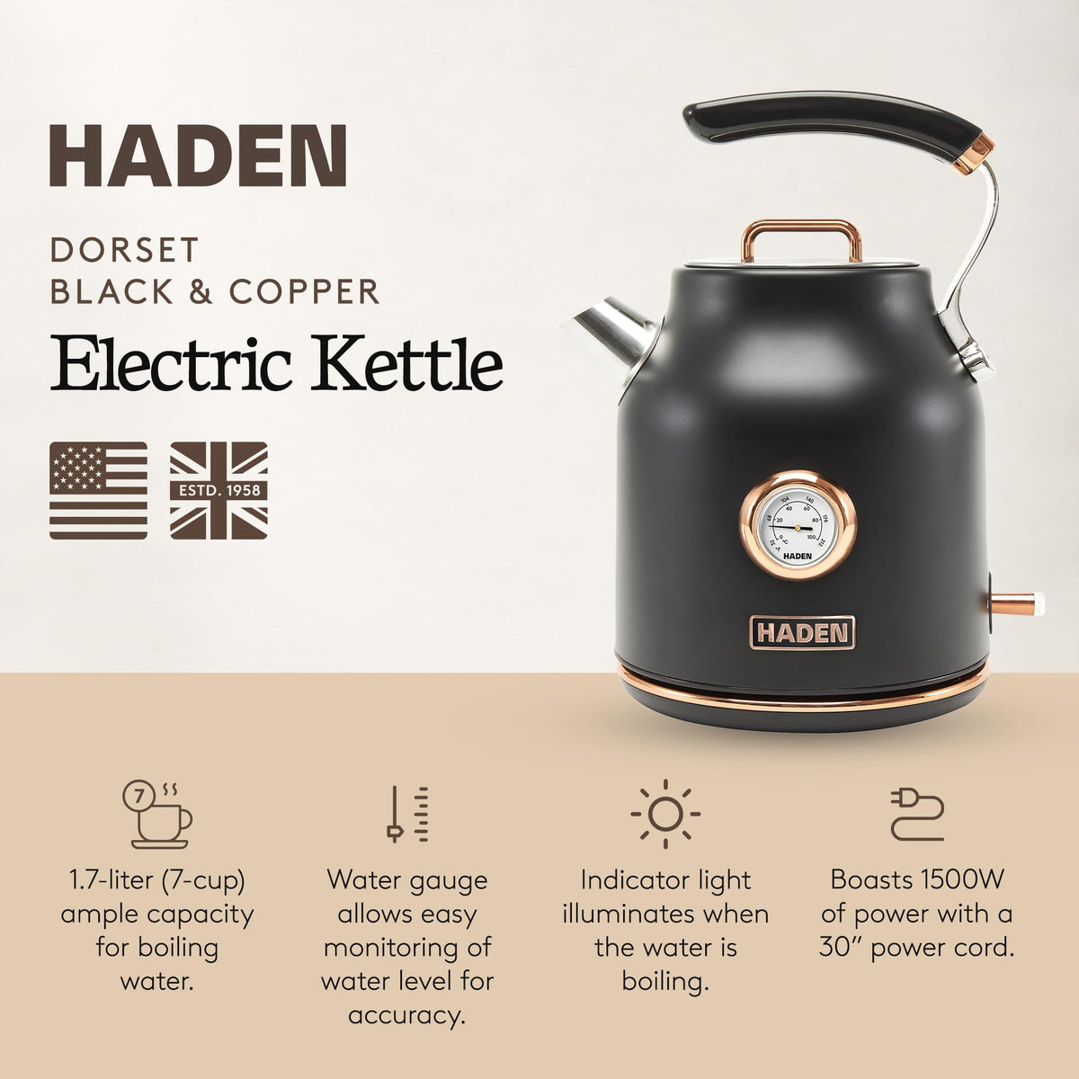 Haden Dorset Stainless Steel Electric Kettle, Black & Copper, 1.7 Liter