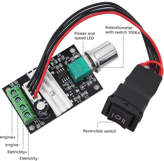 RioRand Small PWM DC Motor Speed Controller - for 6V 12V 24V 28V 3A 80W Low-Voltage Gear Motors with Forward/Reverse Switch Control