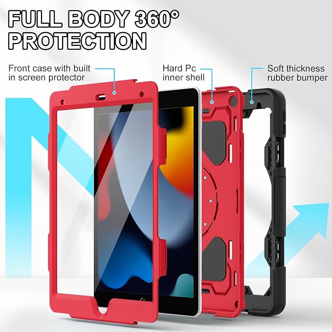 for iPad 9th 8th 7th Gen Case 10.2 inch with Screen Protector | 360° Rotating Kickstand Hand Strap Shoulder Strap Heavy Duty Military Grade - Kids Friendly