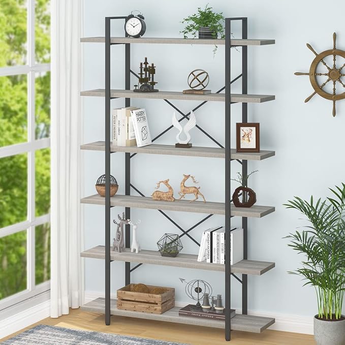 HSH 6 Tier Tall Bookshelf, Metal Wood Vertical Display Book Shelf, Industrial 6 Shelf Bookcases and Book Shelves Storage Rack, Large Open Book Case for Bedroom Living Room Office, Light Grey Oak