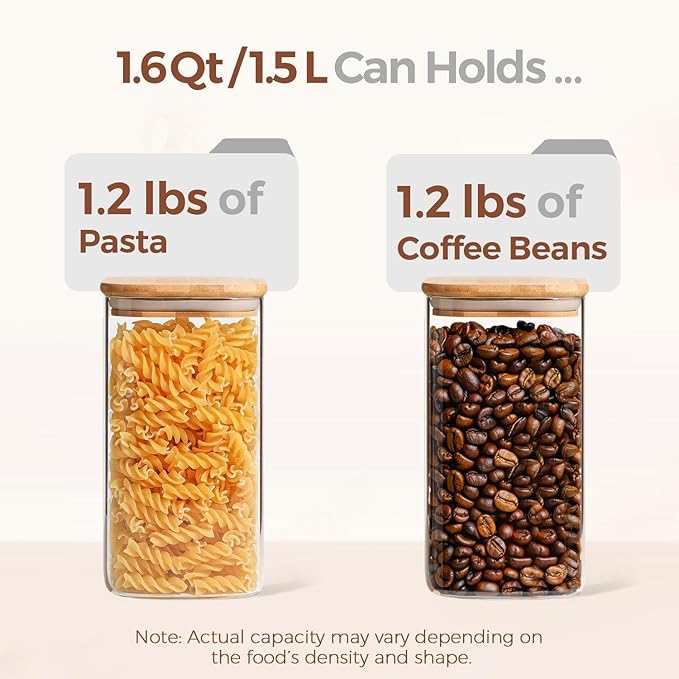 ComSaf Airtight Glass Storage Canister with Wood Lid (1.6 Qt), Clear Food Storage Container Jar with Sealing Lids for Oat Pasta Flour Cereal Rice Sugar Tea Coffee Beans, Set of 3 Square Cookie Jar