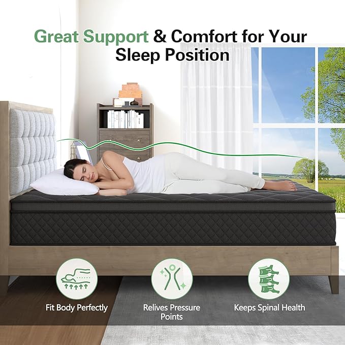 Twin Mattress, 10 Inch Hybrid Mattresses Euro Top Medium Firm for Back & Lumbar Support,Individual Pocket Spring Bed for Motion Isolation & Pressure Relief