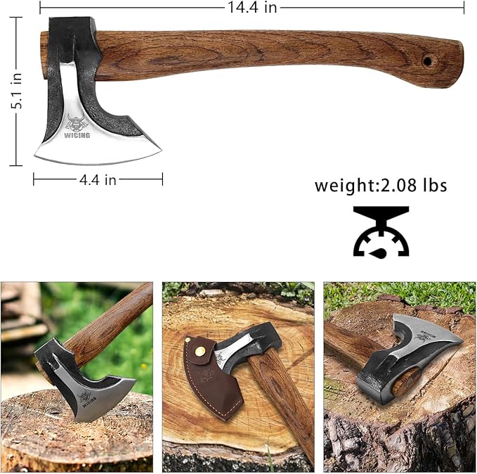 Camping Hatchet, 14.2-inch Splitting Axe with Leather Sheath, Chopping Axe 1065 High Manganese Steel and Hickory Handle