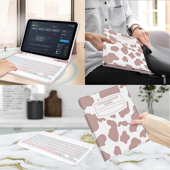for Bluetooth Keyboard for iPad 10th Gen 10.9 inch (2022) case (A16) 11th / 10th Gen Case 11'' (2025) with 7-Color Backlights Pencil Holder Detachable Rechargeable - Black Cow