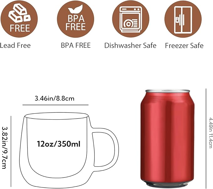 CNGLASS 12oz Double Walled Glass Coffee Mugs(2-pack),Clear Coffee Cups with Handle,Glass Espresso Mugs for Latte,Cappuccino,Tea