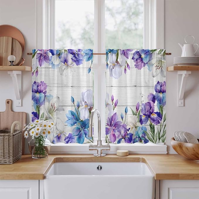 Spring Flowers Kitchen Curtains, Watercolor Garden Florals Wooden Grain Light