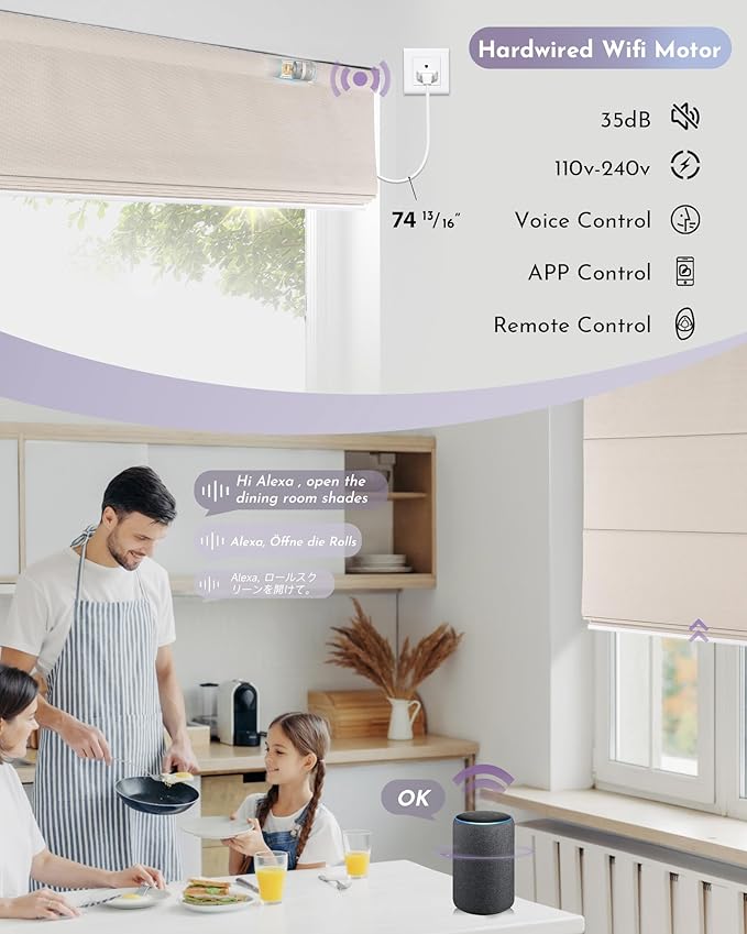 Graywind Smart Roman Shades Compatible with Alexa Google WiFi Hardwired Automatic Blinds with Remote Blackout Plain Fold Soft Roman Window Shades for Windows Doors, Custom Size (Textured Oat)