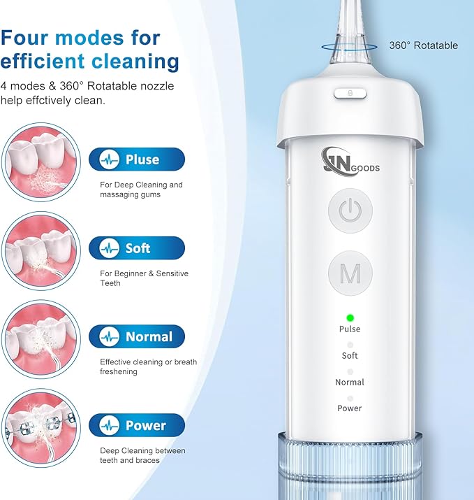 JNGOODS Mini Cordless Portable Water Flosser Oral Irrigator Water Teeth Cleaner Pick, Telescopic Water Tank, 4 Modes & IPX7 Waterproof, Home & Travel Water Flossers for Teeth, Braces Bridges Care.