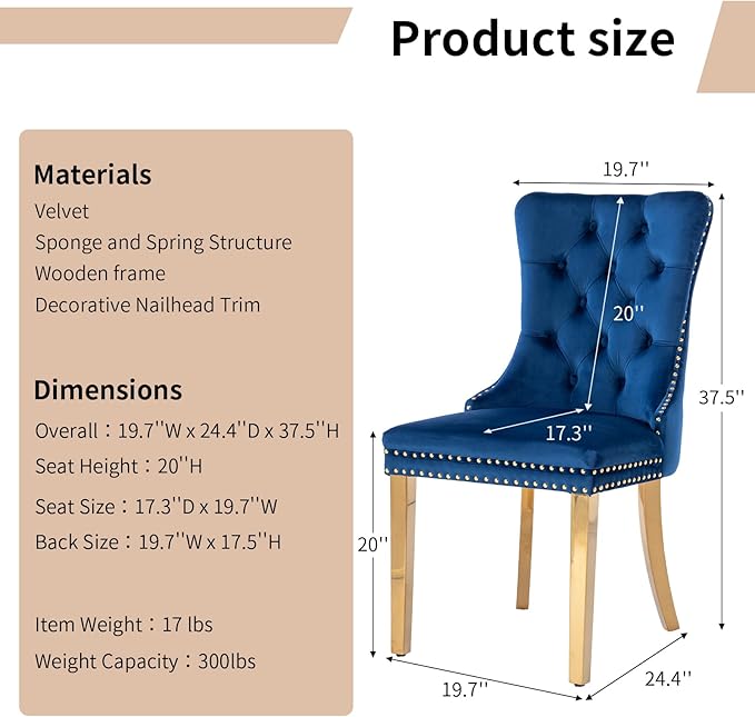 Luxury Upholstered Dining Chairs Set of 2, Blue Kitchen Chair with Golden Metal Legs, Velvet Tufted Back Dining Chair, Sillas de Comedor, Modern Kitchen & Dining Room Chairs (Blue, 2 Pcs)