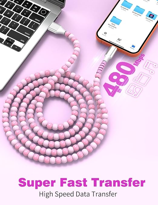 Jelanry 3FT USB-A to USB-C Fast Charging Cable Beaded &ampData Sync Women Girl | Cute kawaii beaded cable for iPhone 17/16/15 Samsung S26/S25/S24 Pixel iPad Fast charge for daily use office &amp tra