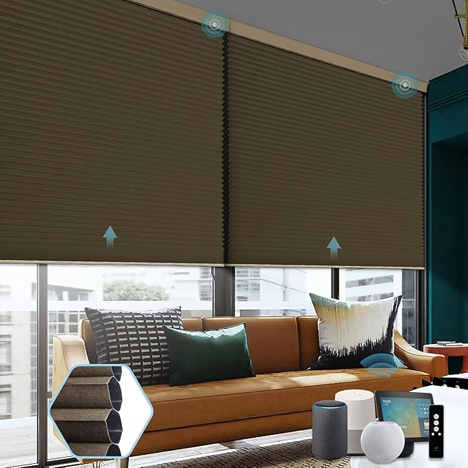 SmartWings Motorized Cellular Shades, Honeycomb Blinds Compatible with Zigbee/Alexa/Z-Wave/Homekit, Wireless Remote Control for Smart Home and Office in Customized Size,100% Blackout Coffee