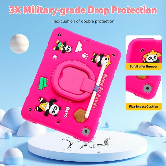 Case for iPad A16 11th Generation 11 Inch 2025 iPad 10th Generation 10.9 Inch 2022 Silicone 3D Panda Design Kids Case Heavy Duty Protection with Kickstand/Pencil Holder/Strap