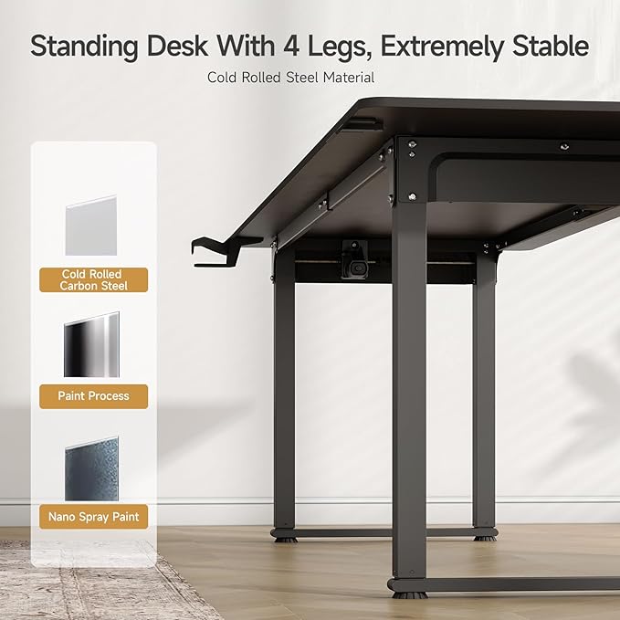ONBRILL Standing Desk, 63x30 Inches Rectangle Stand Up Desk with 4 Legs, Dual Motor and Memory Controller, Adjustable Height from 28-46 Inches for Home and Computer Workstation, Black