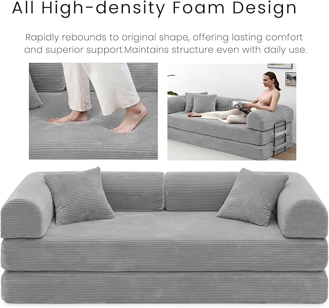Compression Sofa - 79'' Convertible Sofa Bed, Boneless Couch in a Box, Modular Corduroy Foldable Sleeper Sofa with 2 Pillows, Loveseat Couches for Living Room (Corduroy Fabric, Light Grey)