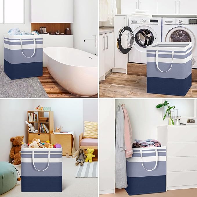 HomeHacks 2-Pack Large Laundry Basket, Waterproof, Freestanding Laundry Hamper, Collapsible Tall Clothes Hamper with Extended Handles for Clothes Toys in the Dorm and Family (Blue, 100L)