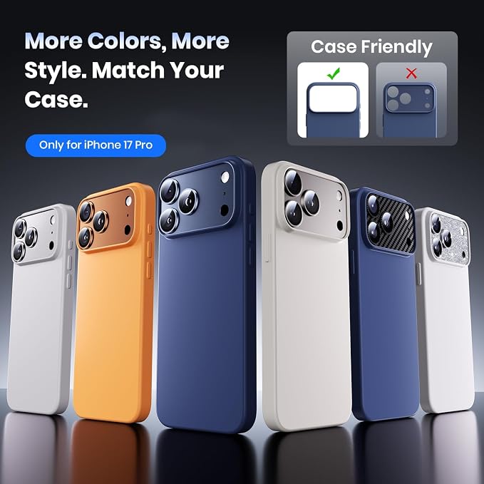 for iPhone 17 Pro Camera Lens Protector - 12FT Shatterproof | Military Grade Protection Strong Adsorption 9H+ Tempered Glass Camera Screen Full Protective Cover Case Friendly Black