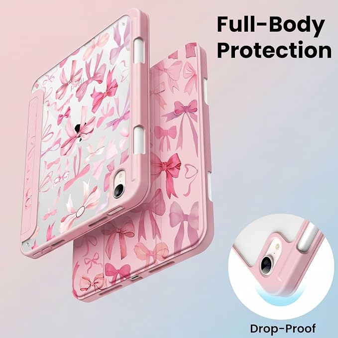 for iPad A16 11 Inch 2025 /for iPad 10th Generation 10.9 Inch 2022 Cute iPad Black Case with Pencil Holder-[Auto Wake/Sleep] Trifold Stand Soft TPU Protective Cover Pink Bows