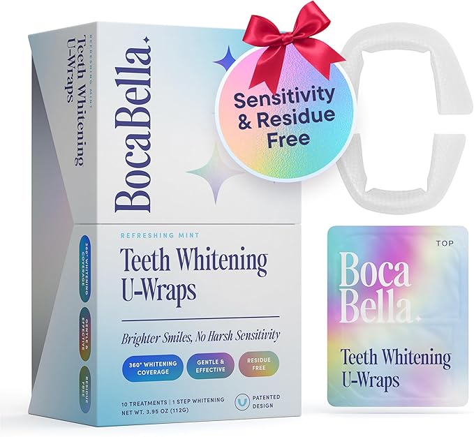 Boca Bella Teeth Whitening U-Wraps – 10 Treatments – 15% Hydrogen Peroxide, Enamel-Safe, No Harsh Sensitivity – Patented Strip Design with Aloe, Calendula & Peppermint – Fast, Even Whitening