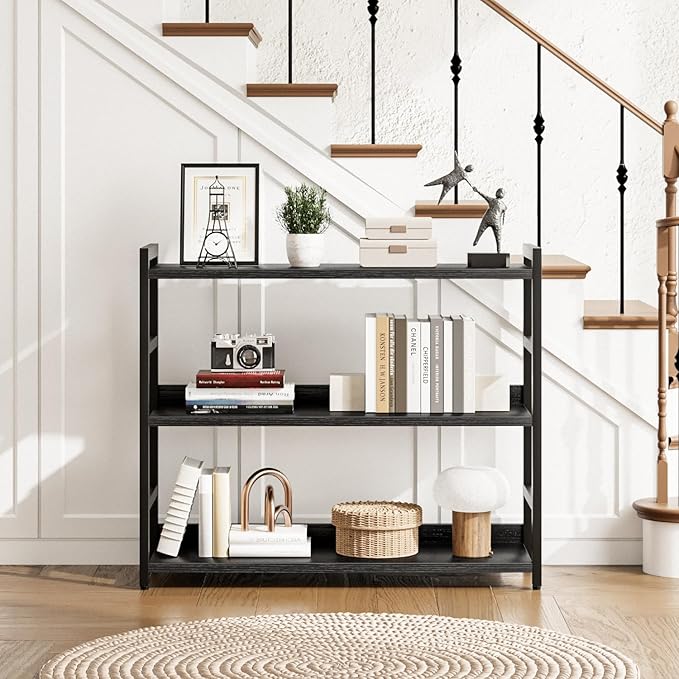 NUMENN Wide Bookshelf, 3 Tier Bookshelves, Home Office Bookcase Shelf Storage Organizer, Free Standing Storage Shelving Unit for Bedroom, Living Room and Home Office, Black