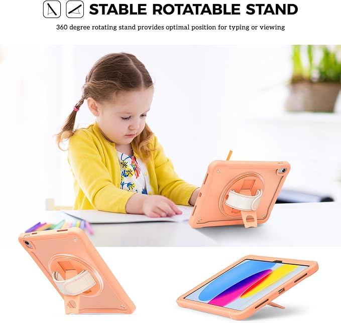 ProCase Rugged Case for iPad A16 11th Gen 2025/iPad 10th Gen 2022 -Black | Heavy Duty Shockproof Rugged Kids Cover with Hand Strap 360 Degree Rotatable Kickstand Protective for iPad 11/10