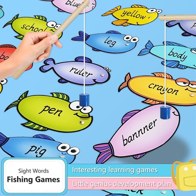 Magnetic Fishing Game, 24 Dry Erase Fish and 2 Wooden Toy Fishing Pole Sight Word Games Educational Toys for Kids, Kindergarten & Family
