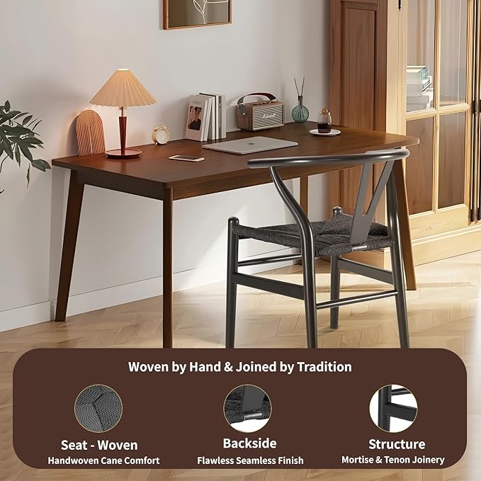 Tomile Wishbone Chair Y Chair, Wooden Dining Chairs Set of 2, Mid Century Modern Chairs with Arms, Solid Wood Weave Seat Kitchen & Dining Room Chairs (Ash Wood - Black)