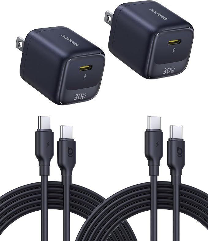 Baseus 30W USB C Charger Block 2 Pack Fast Charger Type C with USB-C Cable Compact Wall Charger for iPhone 17/16/15 Series iPad Galaxy S26/S25 Ultra and MacBook Air Black