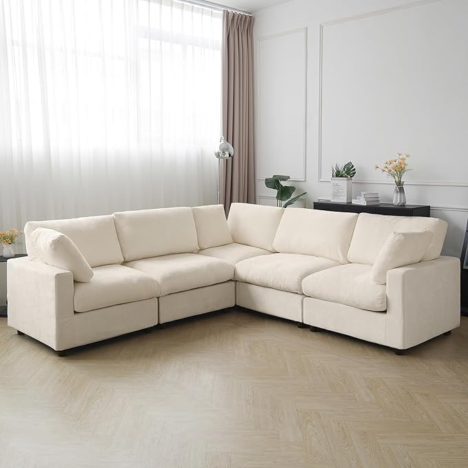 JACH V Shape Sectional Couches for Living Room, Deep Seat Convertible Modular Sofa, Cloud Sectional Couch, Sofa Covers Washable, Minimalist Couch for Living Room, Apartment, Beige