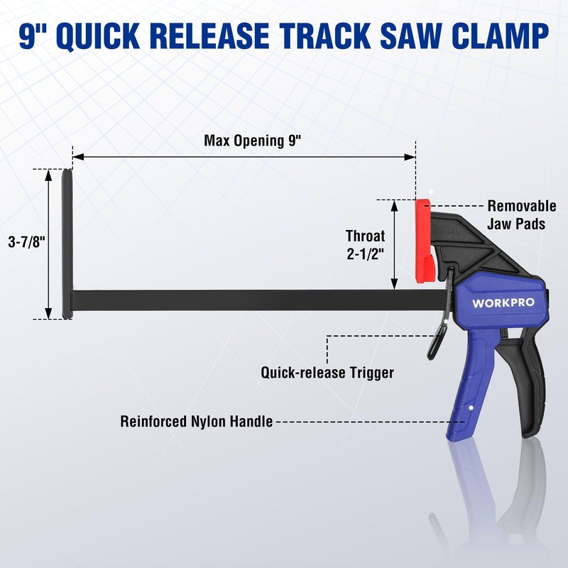 WORKPRO 9" Track Saw Clamps, Quick Release Clamp for Woodworking, Circular Saw Guide Rail System, 150lbs Load Limit x 2-1/2" Throat Depth, 2PC
