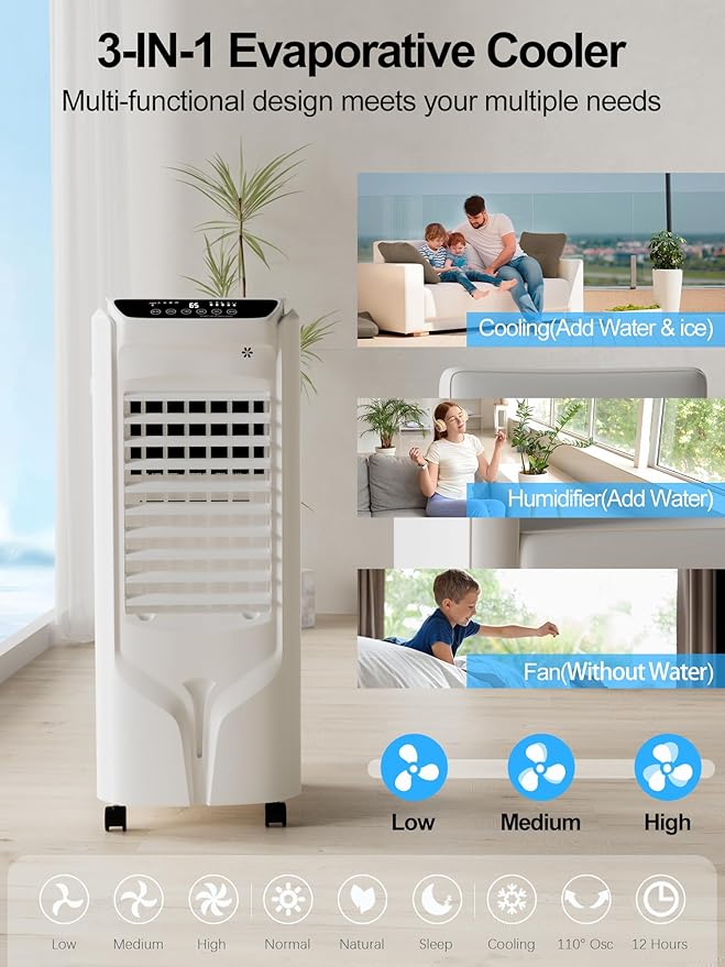 Landeagle 32" Swamp Cooler Air Conditioner,1800CFM Evaporative Coolers with 4.2 Gal Tank,110°Oscillation Portable Room with 12H Timer, Cooling Fans that Blow Cold Air for Bedroom Indoor, Bright White