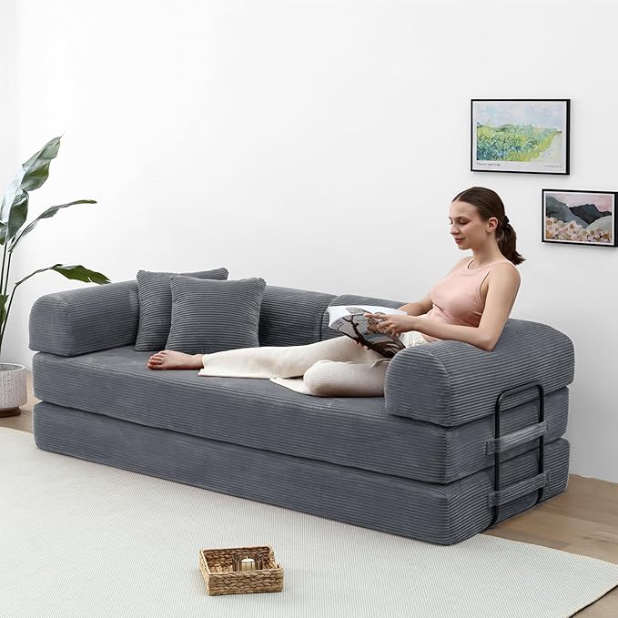 Compression Sofa - 79'' Convertible Sofa Bed, Boneless Couch in a Box, Modular Corduroy Foldable Sleeper Sofa with 2 Pillows, Loveseat Couches for Living Room (Corduroy Fabric, Dark Grey)