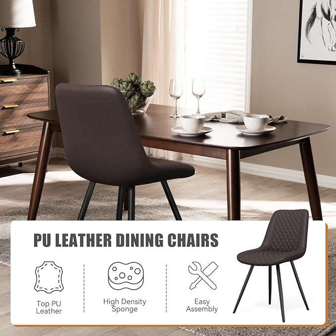 Modern Dining Chairs Set of 4, Quality Faux Leather Upholstered Dining Chairs with Metal Legs, Dinner Chairs for Dinning Room Kitchen,Dark Brown