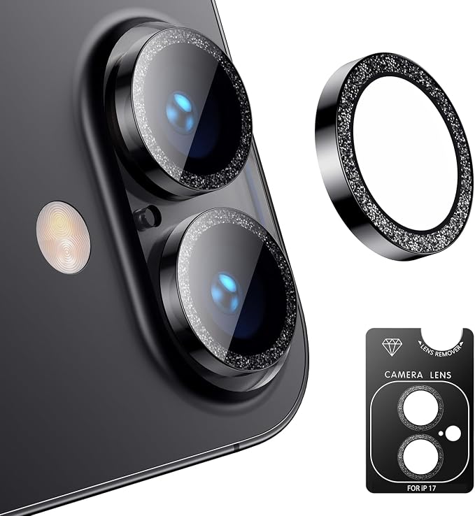 Korecase for iPhone 17/iPhone 16/iPhone 16 Plus Camera Lens Protector Bling 9H Tempered Glass Anti Scratch Camera Screen Protector Shockproof Film Metal Ring Lens Protector Glitter-Black